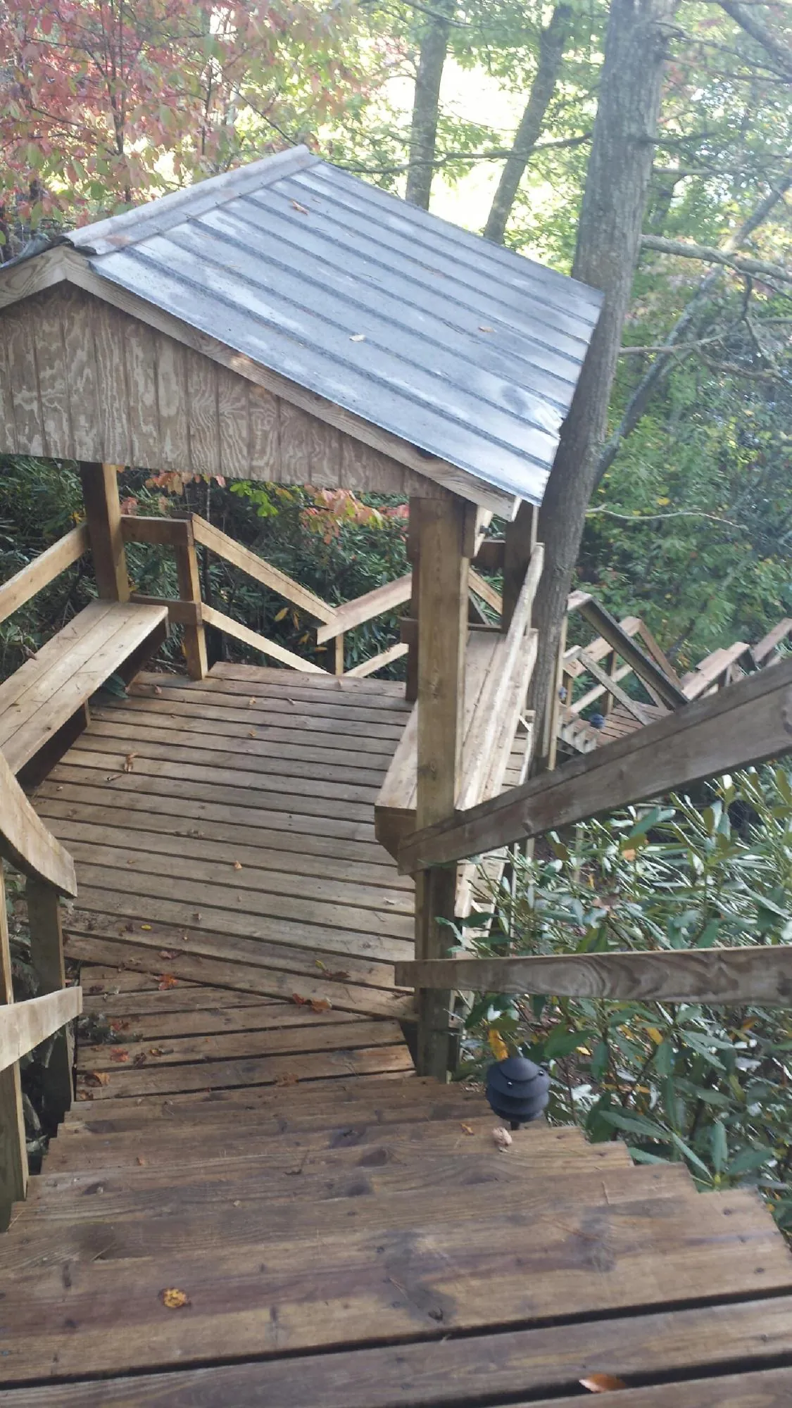 Metal roofed shelter over wooden steps on a wooded walkway — Skylight Repair & Installation work by our crew in Walford